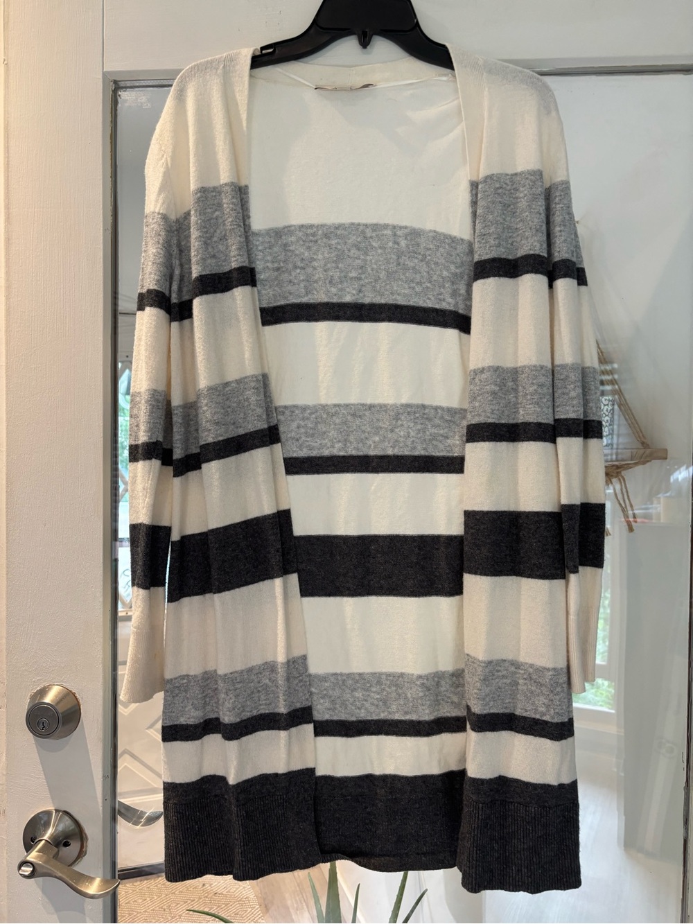 LOFT Cream, Gray & Black Striped Open Cardigan